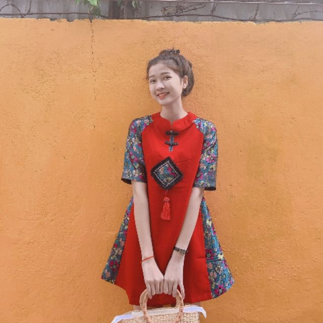 [HCM]Áo dài cách tân phong cách đầm đỏ sườn xám phối gấm hoa cao cấp