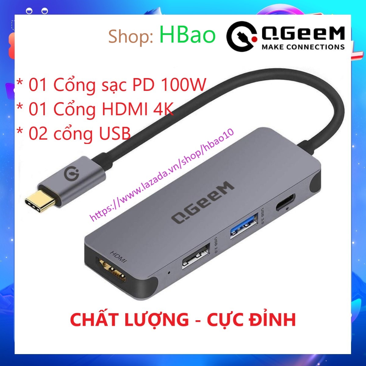 Bộ Hub QGeeM USB-C 4 trong1, 1xHDMI 4K, 1xUSB-C 100W PD Charger, 1xUSB 3.0