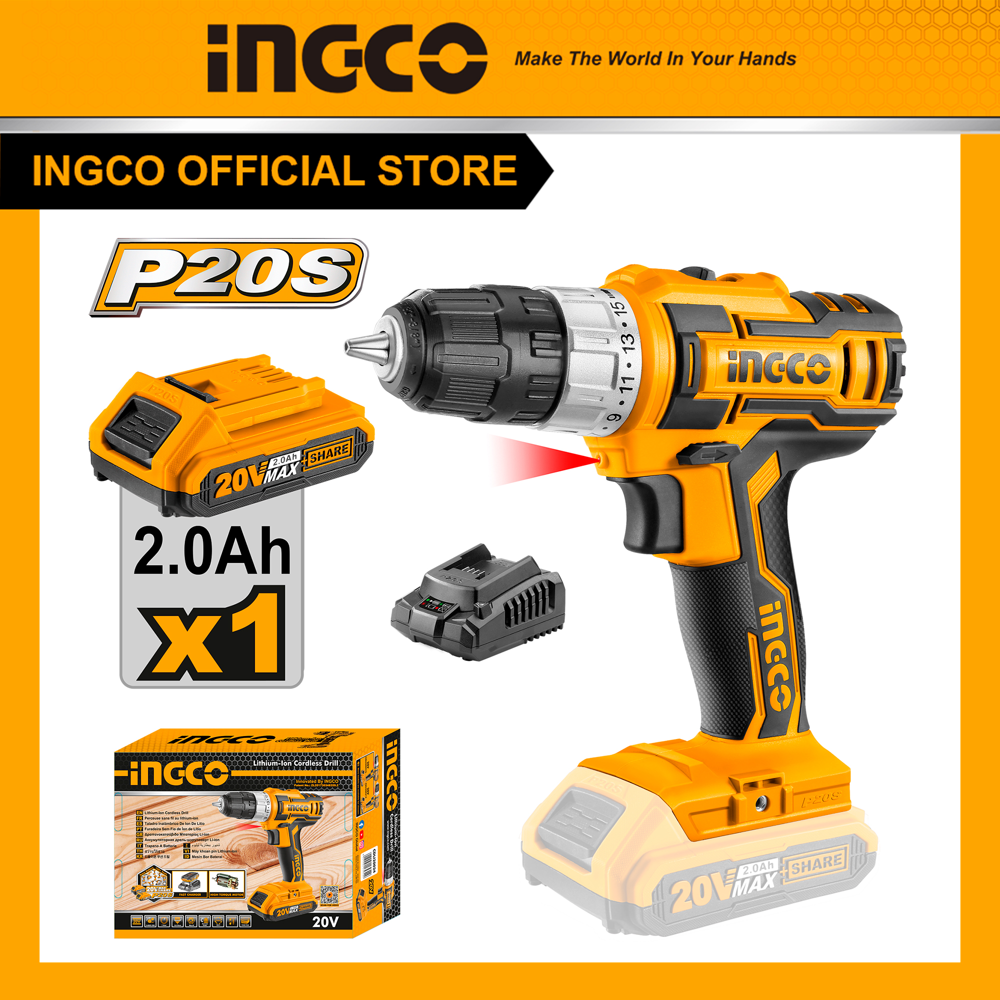 Máy khoan pin Lithium-Ion vặn ốc, siết vít INGCO CDLI20024 (kèm 1 pin và 1 sạc)