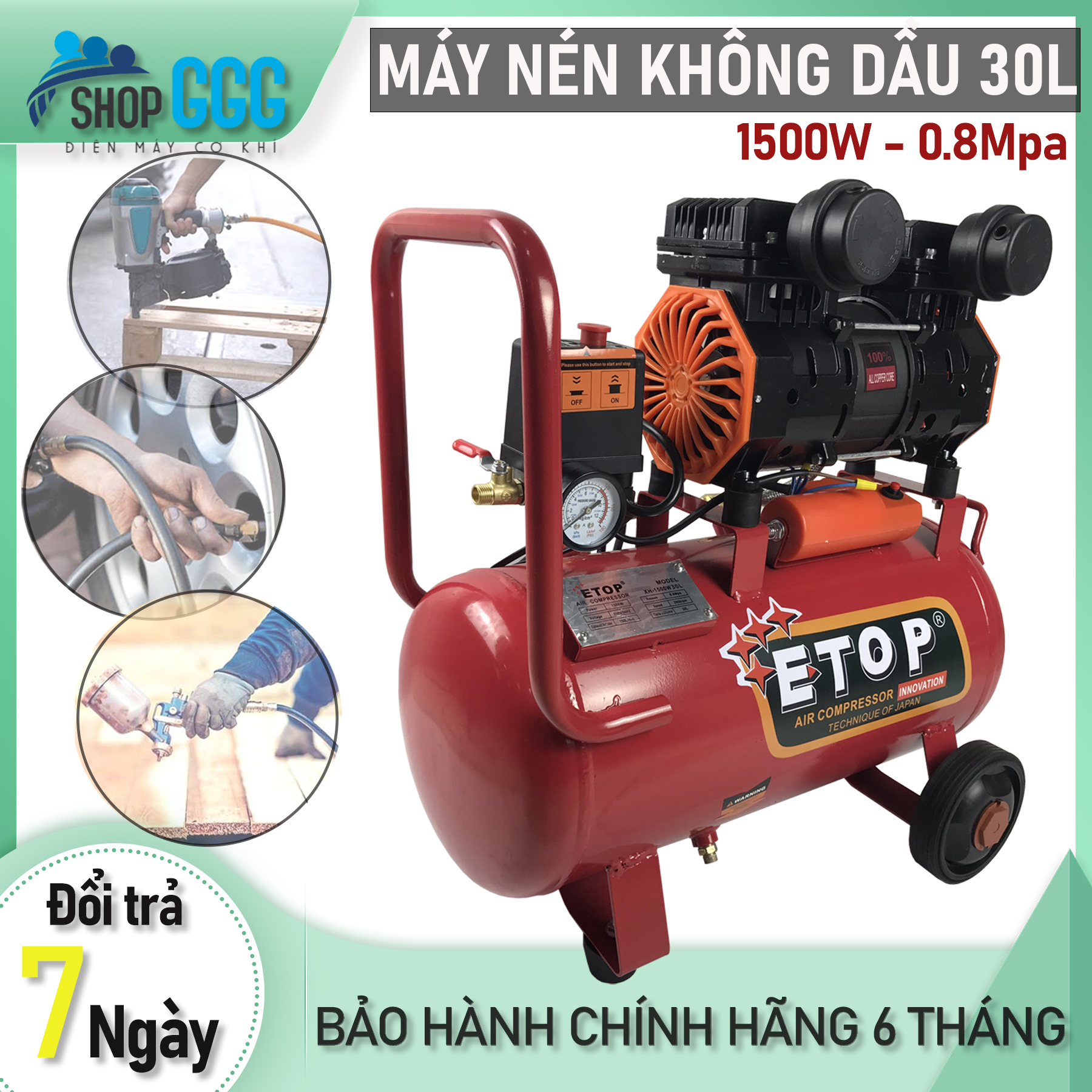 Máy nén khí, máy bơm hơi, bình hơi Etop không dầu 30L1500w chính hãng Etop lõi đồng 100% | 2 đầu nạp khí - Tốc độ nạp siêu nhanh - Tự động nạp ngắt khí | BẢO HÀNH 6 THÁNG