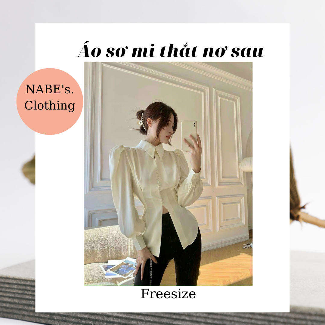 Áo sơ mi thắt nơ sau tay phồng màu trắng