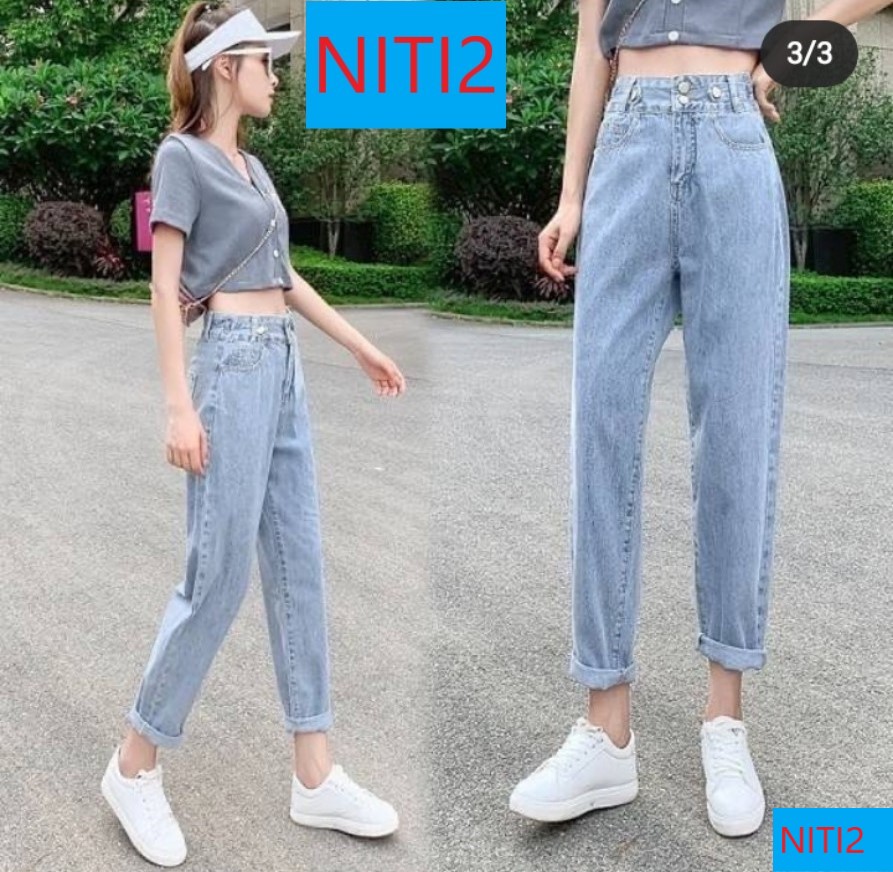 QUẦN JEAN NỮ LƯNG CAO KIỂU QUẦN BAGGY JEAN NỮ MÀU XANH NHẠT NITI2 PHỐI ĐAI 2 NÚT CỰC XỊN SÒ CỰC PHONG CÁCH-NY502