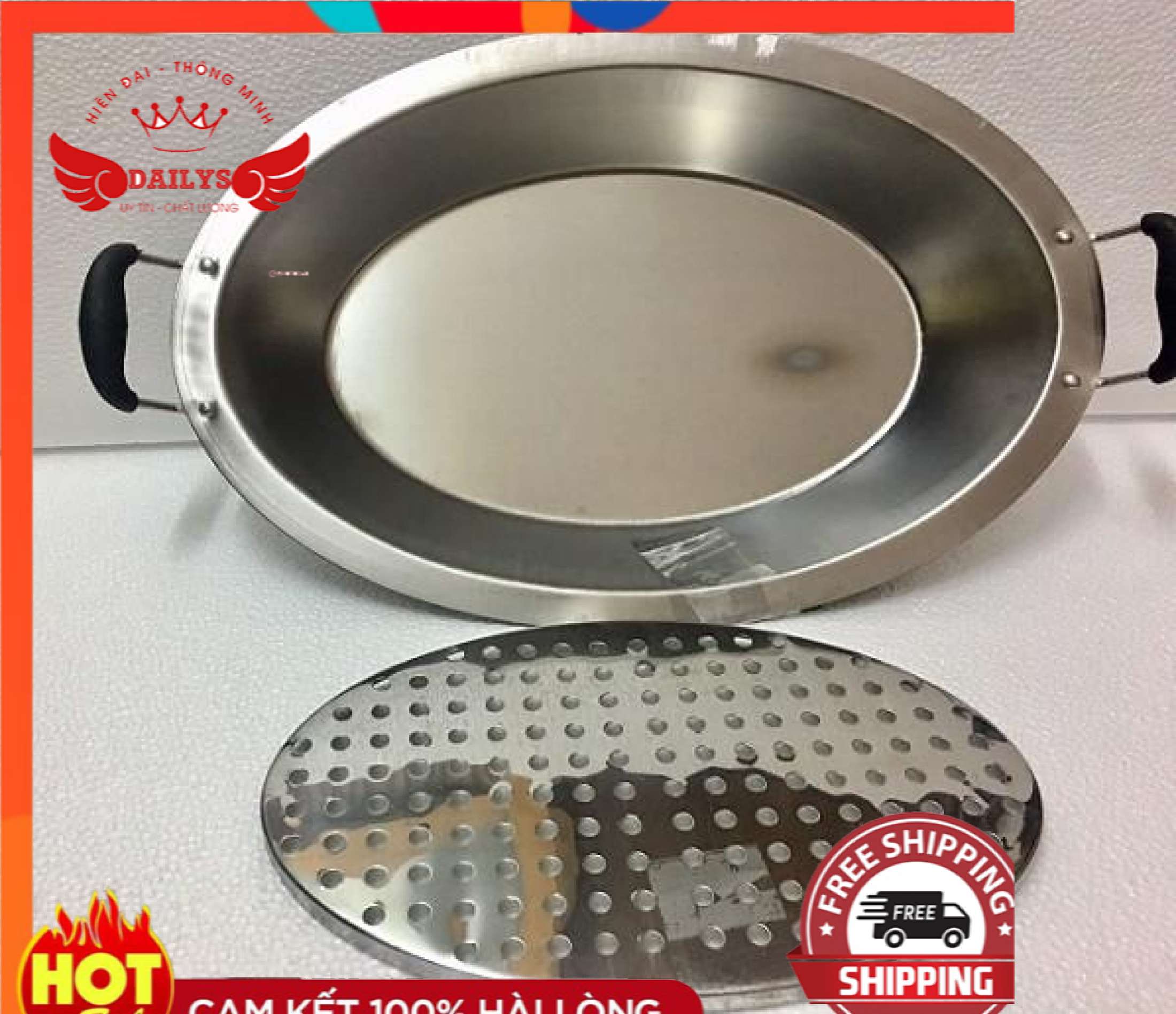 Khay om cá đa năng inox cao cấp, bộ khay cá om dưa, bộ khay chảo lẩu cá chép om dưa có vỉ chống dính, nồi lẩu om cá chép dailys
