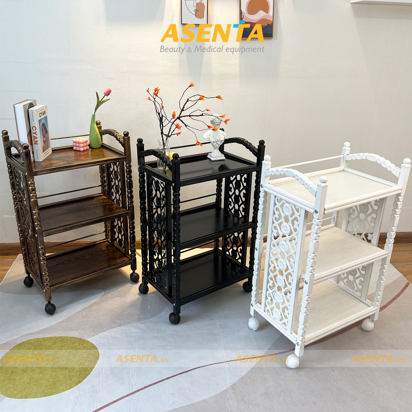 Kệ spa 3 tầng sang trọng - xe đẩy spa nhập khẩu, gỗ cao cấp - có bánh xe hmtl-5080 trắng, vân gỗ, đen
