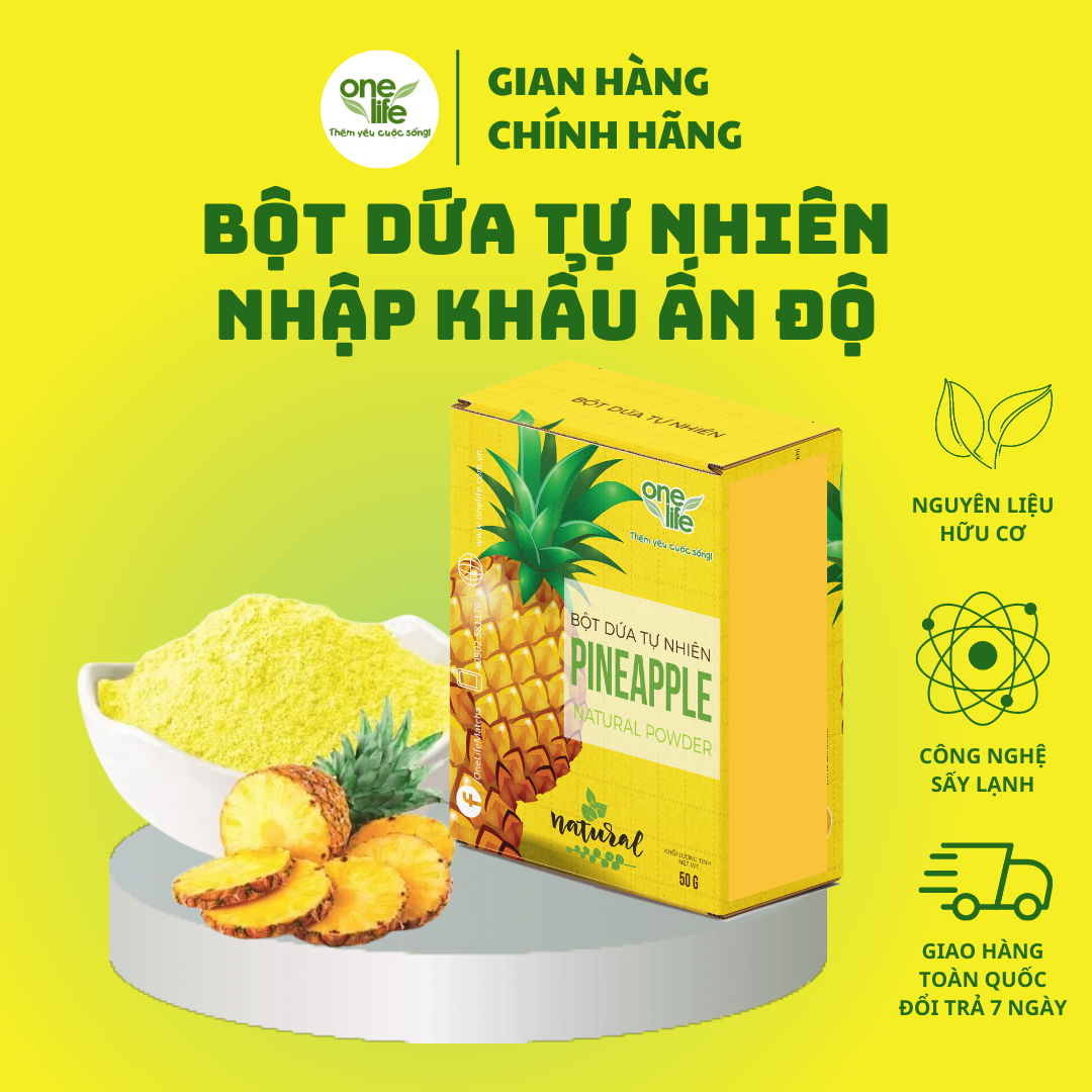 [Free Ship & Quà tặng sức khỏe] Hộp 50gr Bột Dứa tươi nguyên chất OneLife, giảm cân, không đường, tăng SIZE vòng 1, chuyên dùng cho Spa, khuyến mãi tặng kèm 2gr Bột Rau Má