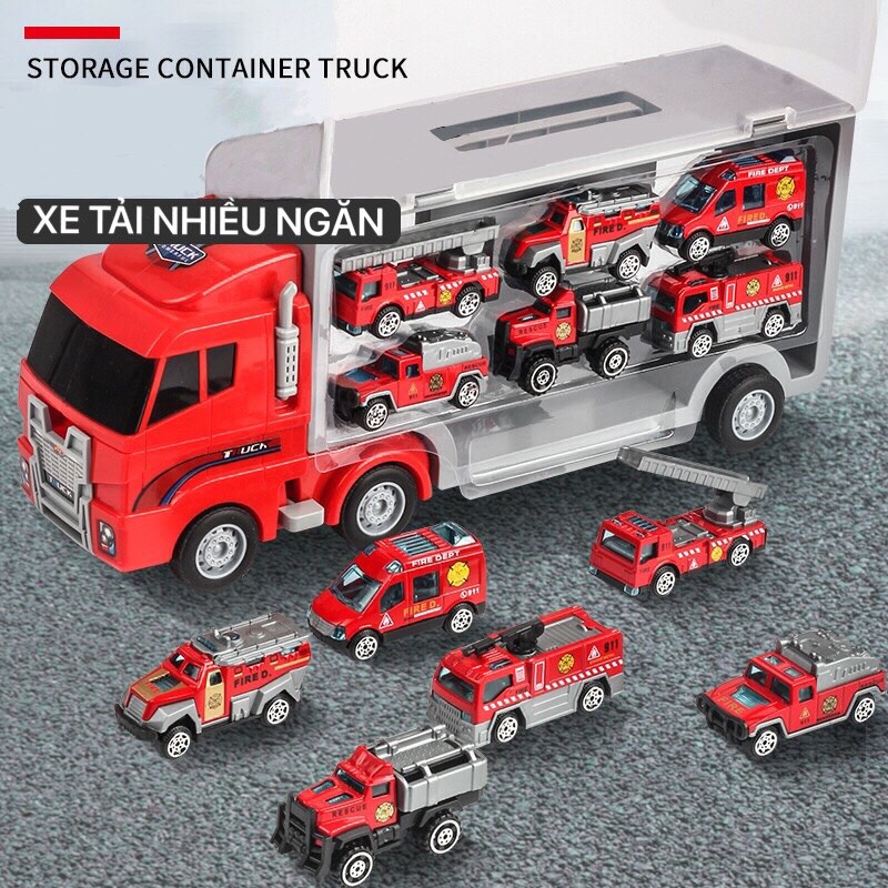 (ẢNH THẬT) Set xe tải nhiều ngăn 6 xe trong 1, xe cứu hoả, xe cẩu, xe cảnh sát, xe ô tô cho bé trai