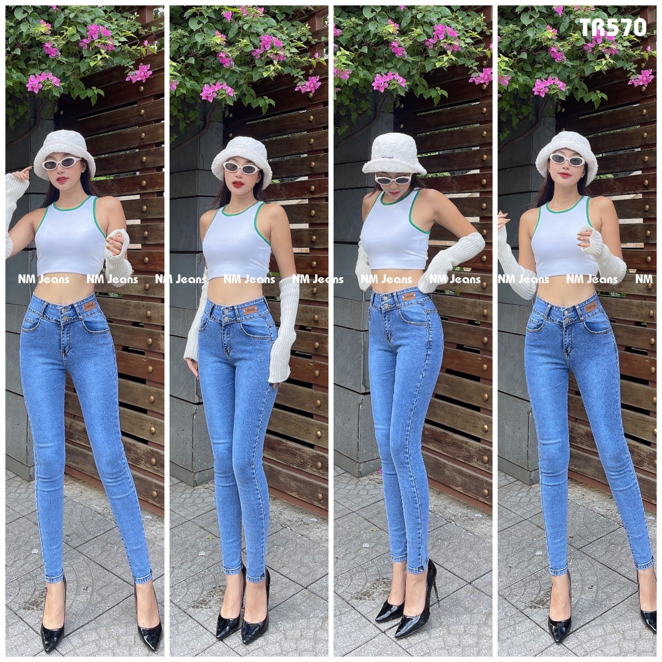 Quần skinny nữ nịt lưng xanh jean chất co giãn tốt, dày dặn TR570