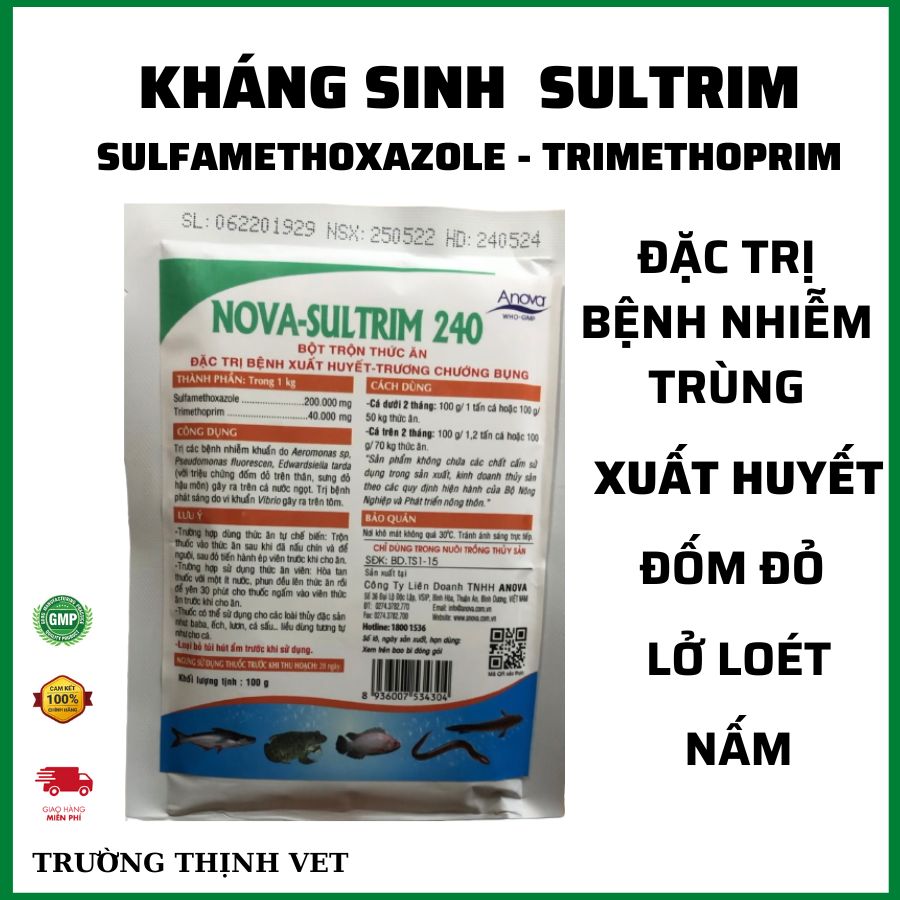  Kháng sinh trị bệnh nhiễm trùng xuất huyết đốm đỏ lở loét Sultrim cho tôm cá lươn ốc. Thú y Trường Thịnh 
