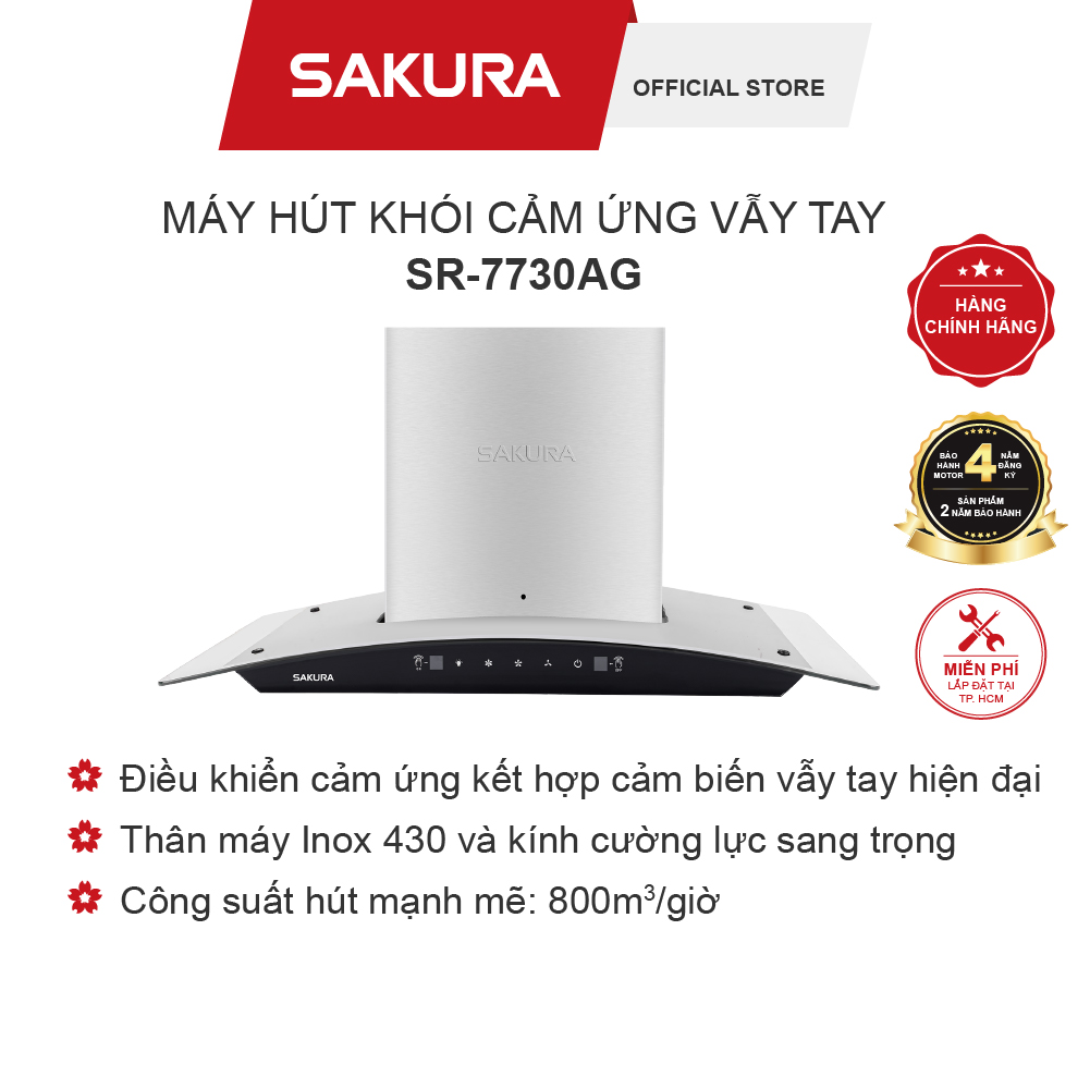 Máy Hút Mùi Kính Cong Cảm Ứng SAKURA SR-7730AG Lọc Than Hoạt Tính - Cảm ứng Vẫy Tay - Bảo Hành 24 Tháng