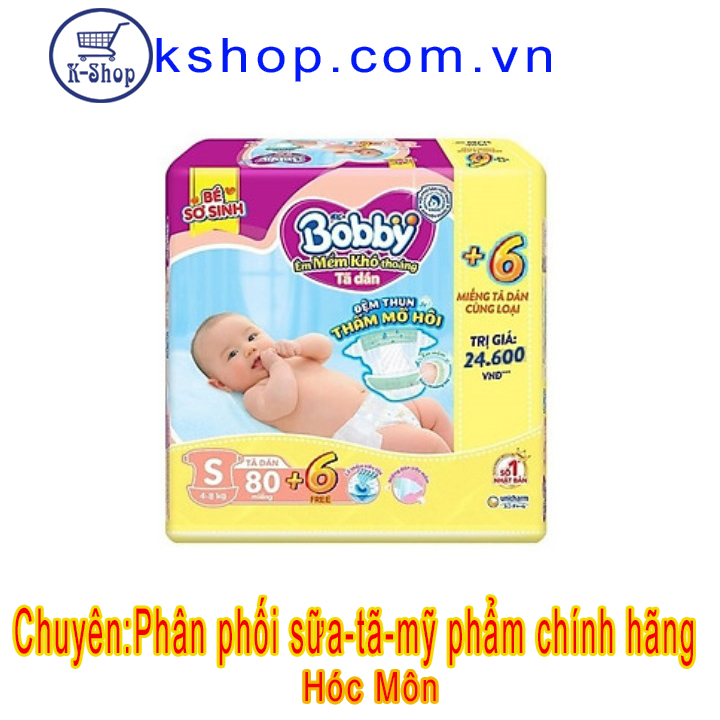 Tã dán bobby sơ sinh s80 miếng cho bé 4-8kg- gói tiết kiệm+ tặng 6 miếng
