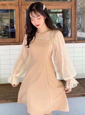 [HCM]Đầm tiểu thư phối tay dài lưới cườm xinh xắn ba màu ( trắng be đen )