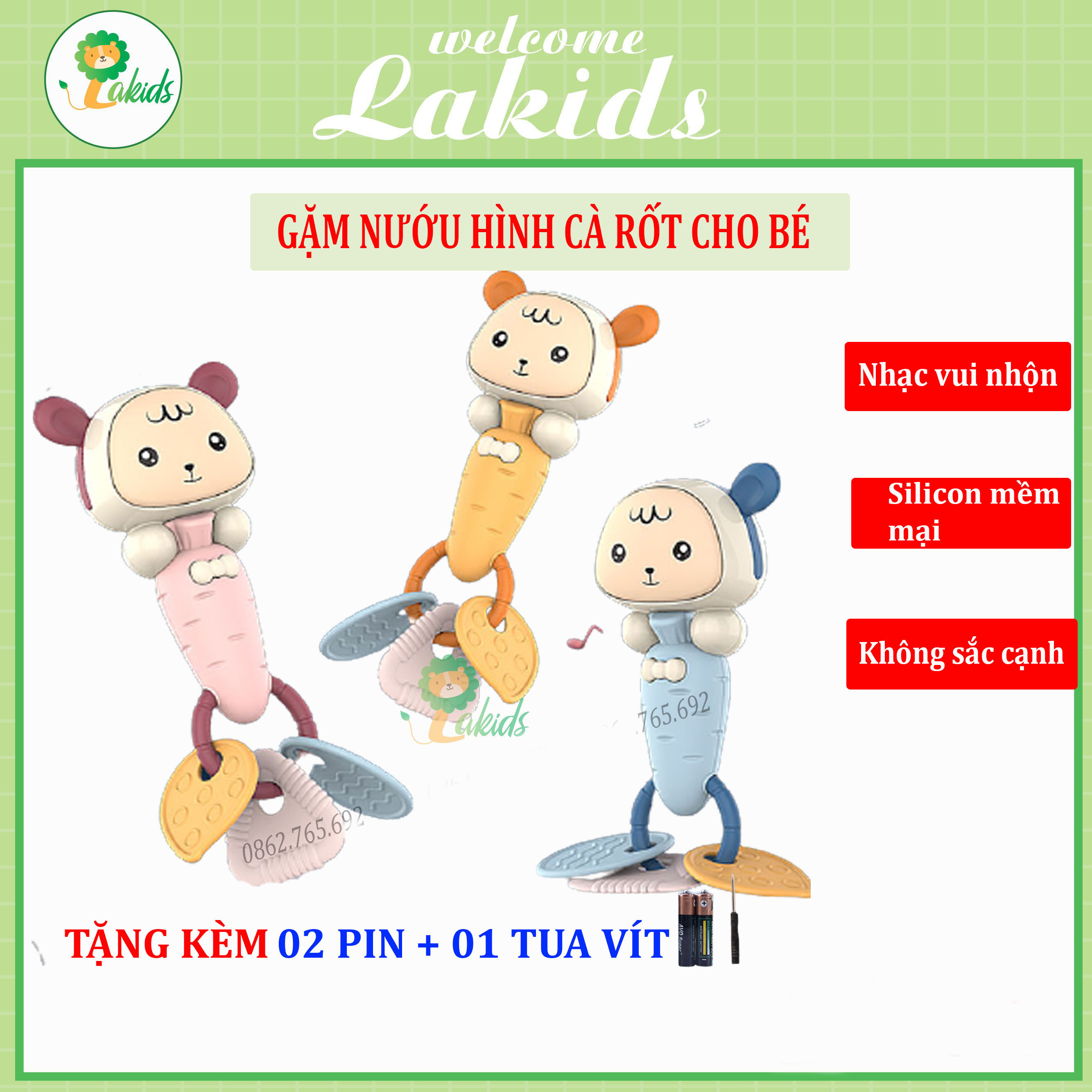 Đồ chơi gặm nướu silicon mềm mại hình carot cho bé tặng kèm pin LAKIDS