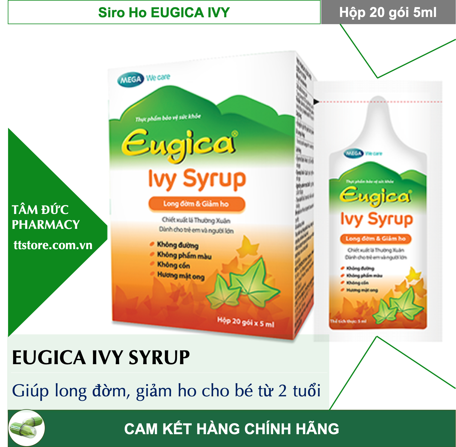 Siro Ho EUGICA IVY [Hộp 20 gói] - Chiết xuất Cao Lá Thường Xuân - Giảm ho, Long đờm cho trẻ từ 2 tuổi [Prospan]