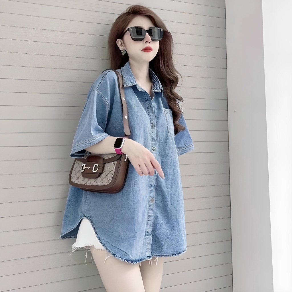Áo sơ mi bò trơn cộc tay form rộng