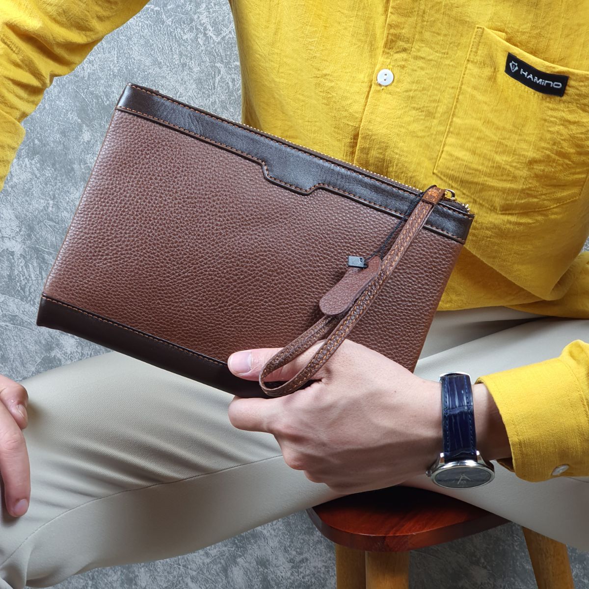 [Da thật] Clutch cầm tay nam da bò vân mill CL127 (Black-Coffee) - 100% da bò thật, BH 3 năm