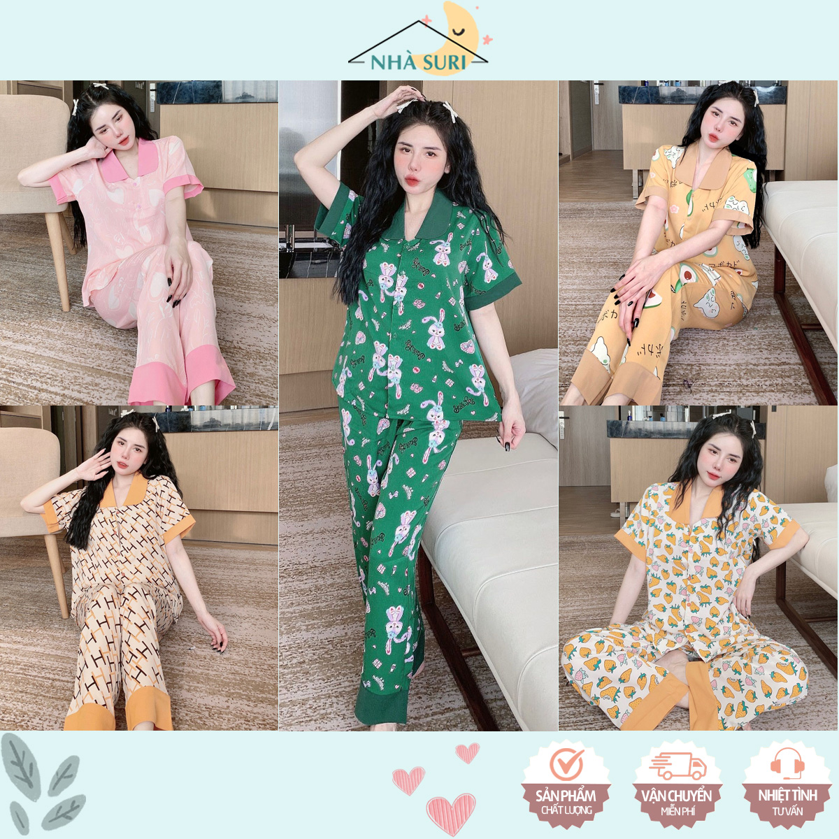 Đồ bộ mặc nhà lụa mango cổ sen tay ngắn quần dài nhà suri vải mềm mát không nhăn
