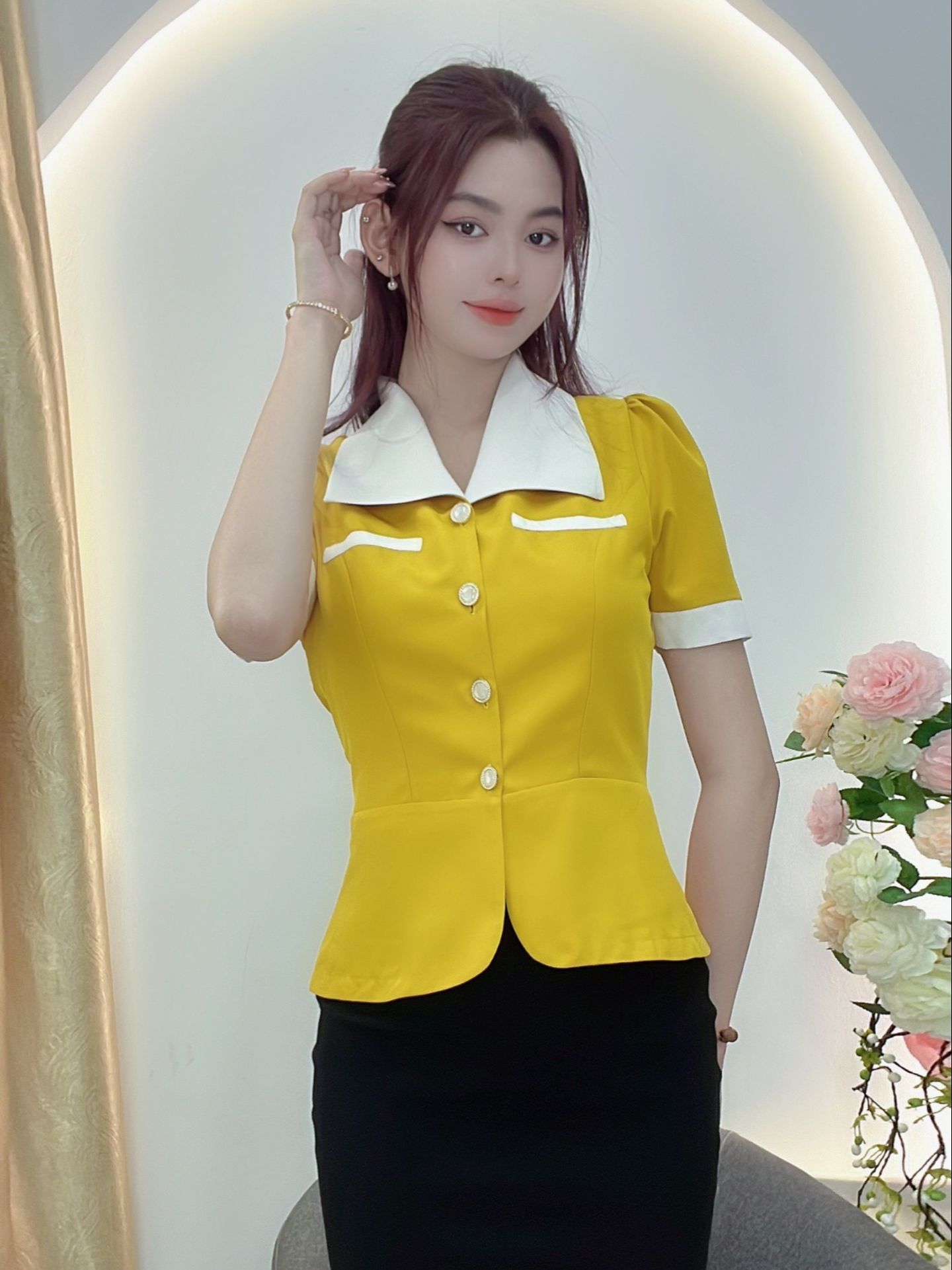 Com29- áo kiểu công sở bâu trắng sang thanh lịch