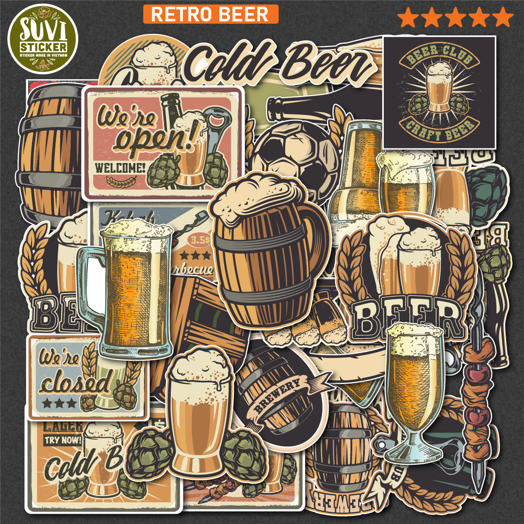 Sticker Retro Beer chống nước dán laptop, điện thoại, đàn guitar, mũ bảo hiểm. MSP: V20
