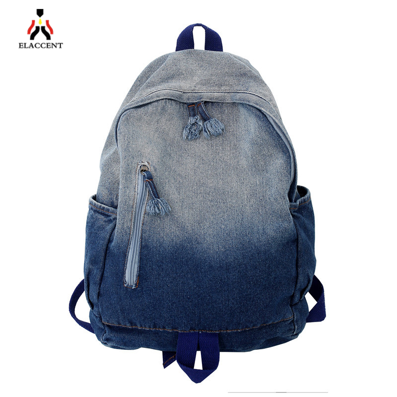 ELACCENT New student simple washed denim canvas backpack Gradient Backpack