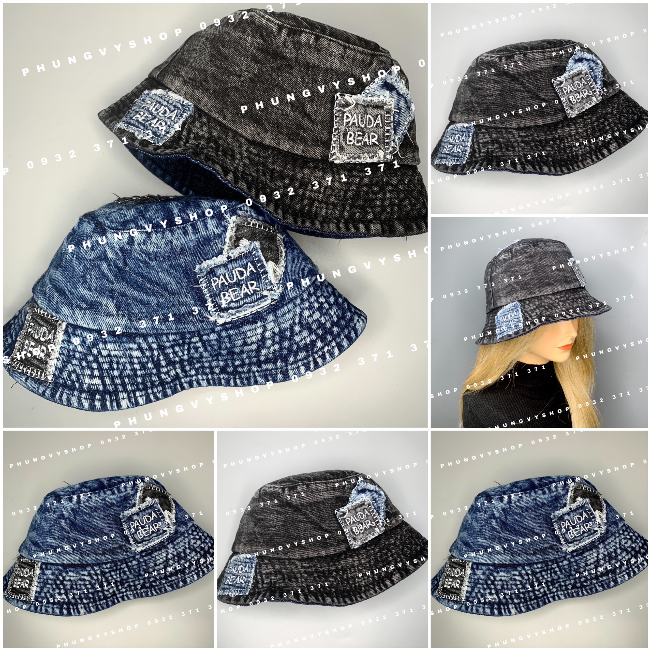 Mũ denim bucket tai bèo vành unisex nam nữ phungvyshop- Nón Bo JEAN PAUDA BEAR