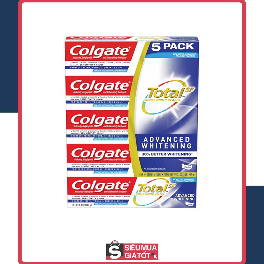 Set 5 tuýp kem đánh răng colgate total sf advanced whitening 181g mỹ