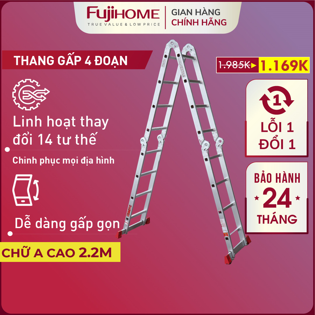 Thang nhôm gấp 4 đoạn Nhập Khẩu 3,4 mét - 4,7 mét siêu đa năng FUJIHOME, thang chữ M xếp gọn 4 khúc