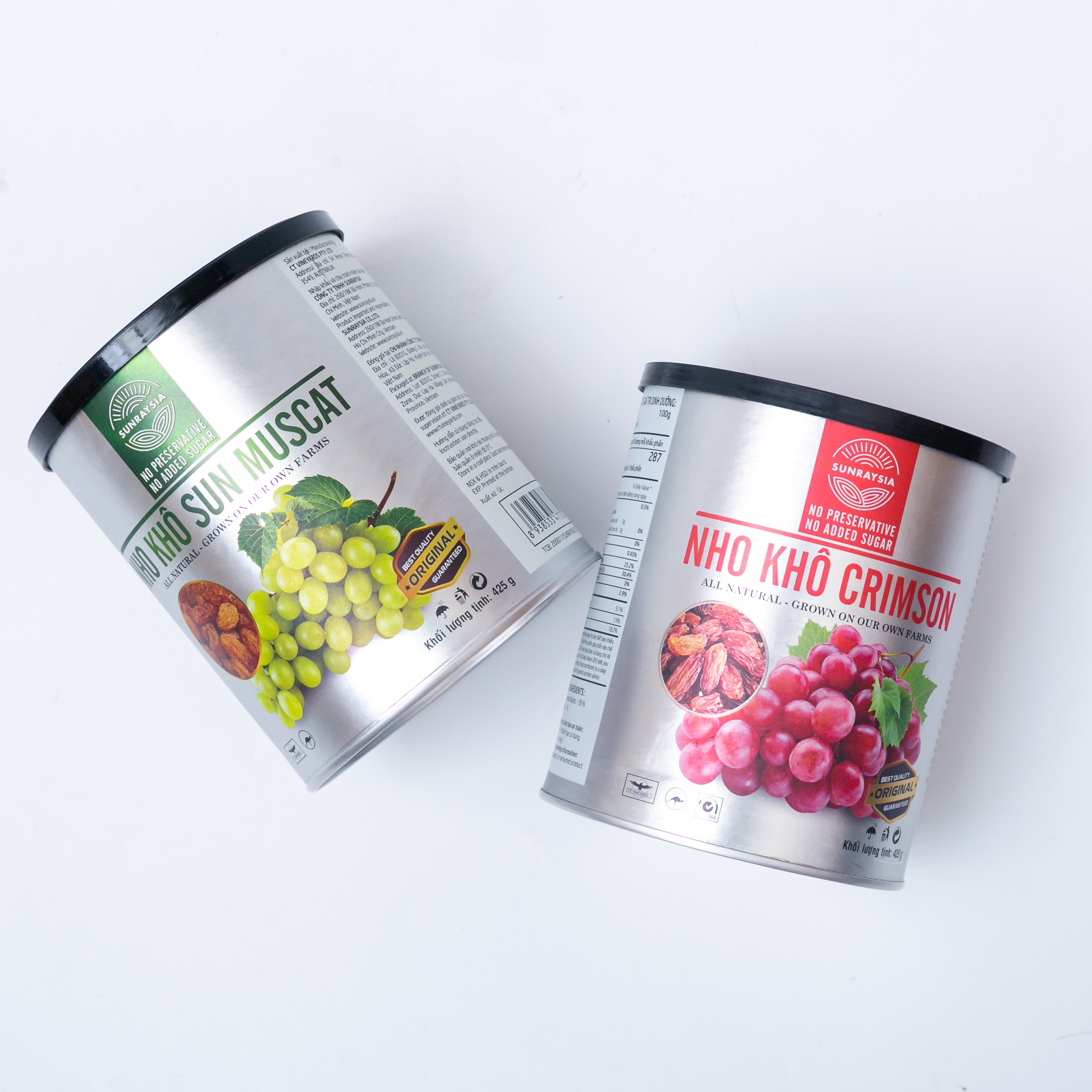 Combo 2 lon nho khô cao cấp Úc Sunraysia Crimson và Sunmuscat - Nho khô từ giống nho đỏ và nho xanh của Úc - 2 vị khác nhau - mẫu mới