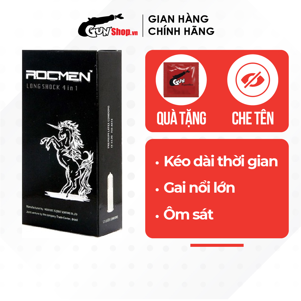 Bao cao su Rocmen Long Shock kéo dài thời gian - Hộp 12 cái | GUNSHOP VIỆT NAM