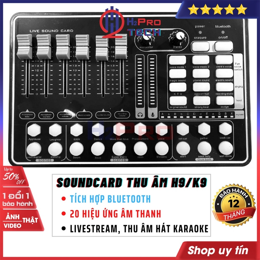 Sound Card Thu Âm H9-K9 Bluetooth Cao Cấp, Hát Livestream Cực Hay, Bộ Thu Âm Hát Live Chuyên Nghiệp - H2Pro Tech