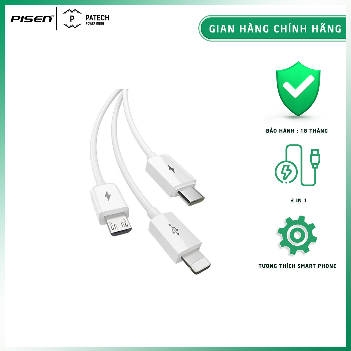[20H 6/7 - 9.7 Nhập 77LAZSOCIAL80K Voucher giảm 12% đơn từ 250K tối đa 80K]Cáp Pisen 3 trong 1 (Lightning / Type-C / Micro ) 600mm