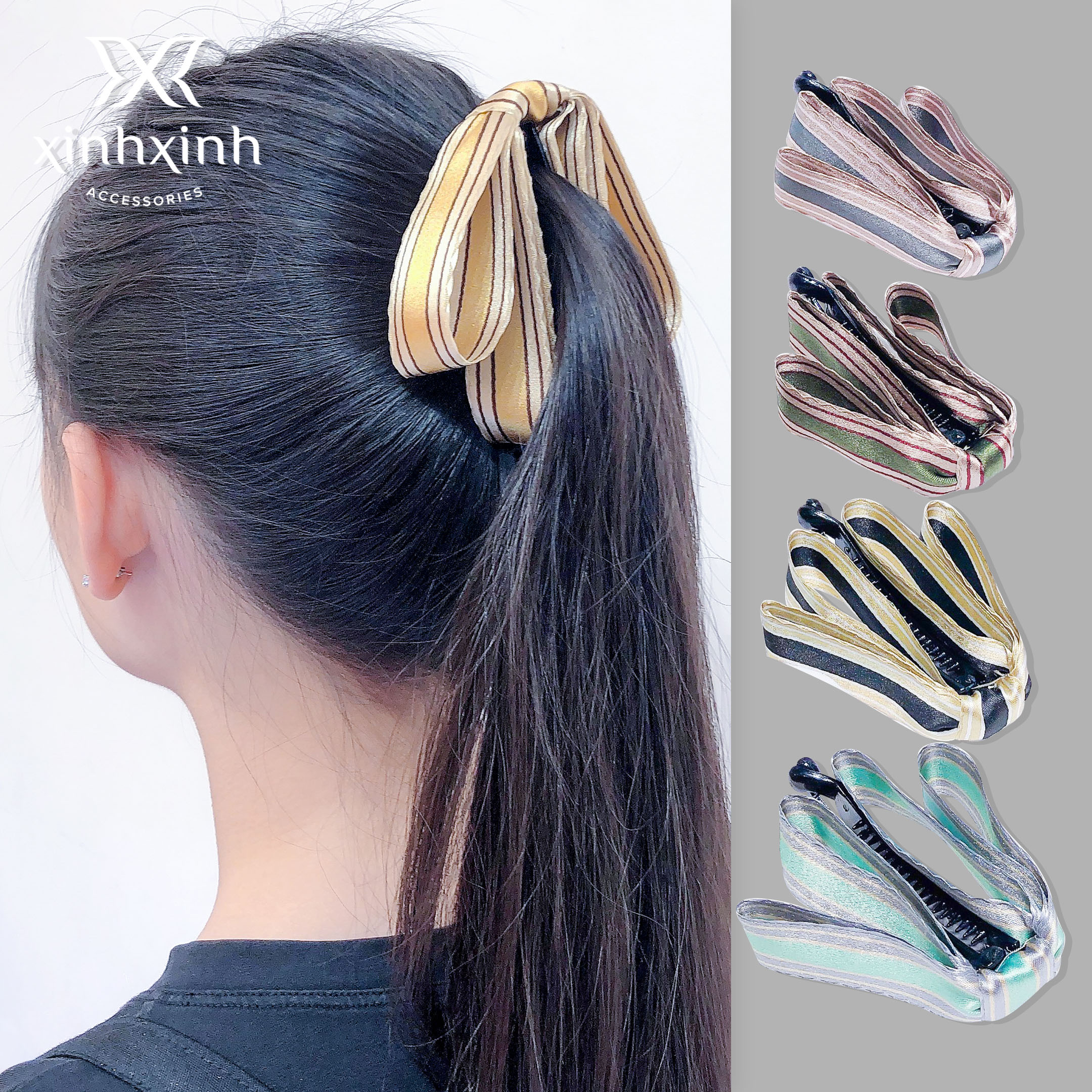 Kẹp tóc, cặp tóc dọc làm phồng nơ kẻ rủ - Xinh Xinh Accessories