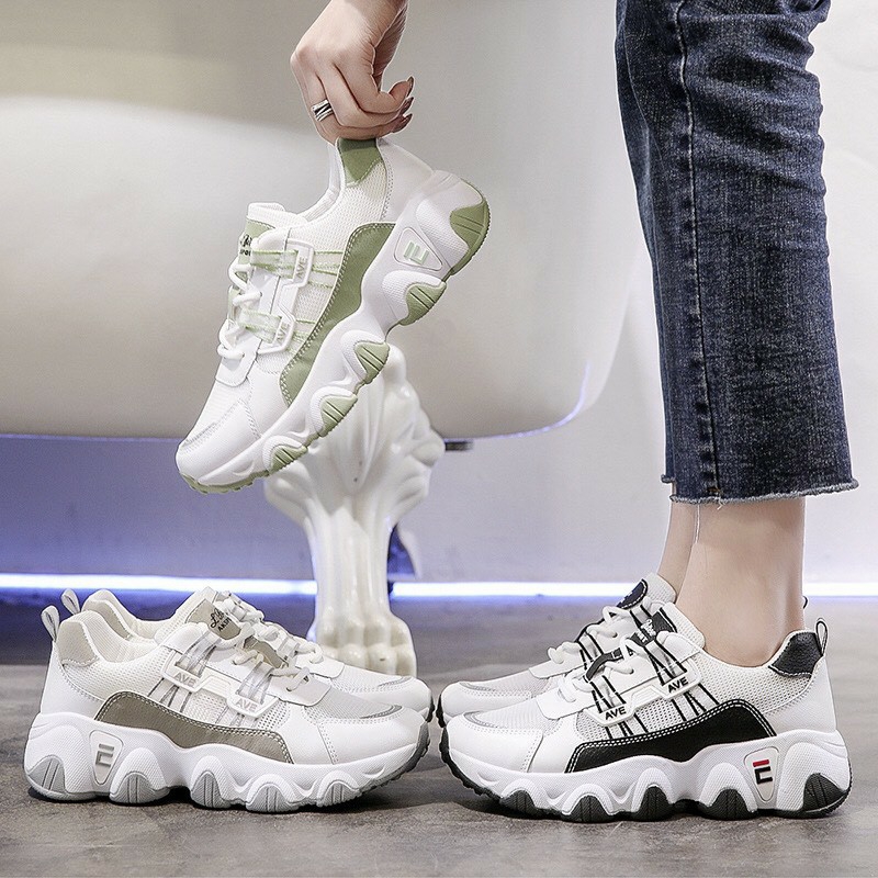 [ Hàng Quảng Châu ]Giày thể thao nữ đế 2 lớp vải lưới phối da cá tính AEV