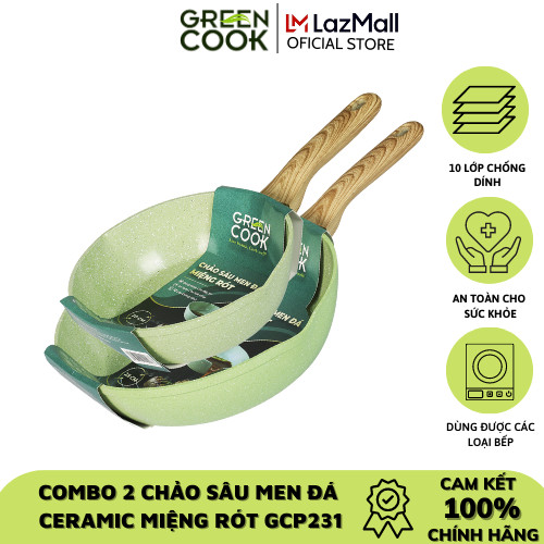 Combo 2 chảo nhôm sâu men đá ceramic miệng rót Green Cook GCP231 màu xanh 10 lớp chống dính