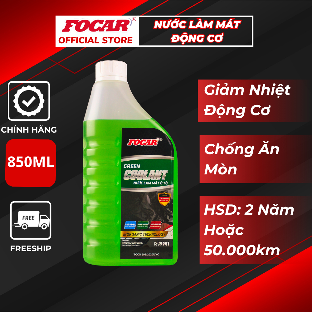 Nước làm mát động cơ ô tô Focar green coolant 850ml - nước làm mát màu xanh lá, nước làm mát châm thêm, nước làm mát xe hơi, nước hạ nhiệt xe, nước làm mát động cơ tiêu chuẩn