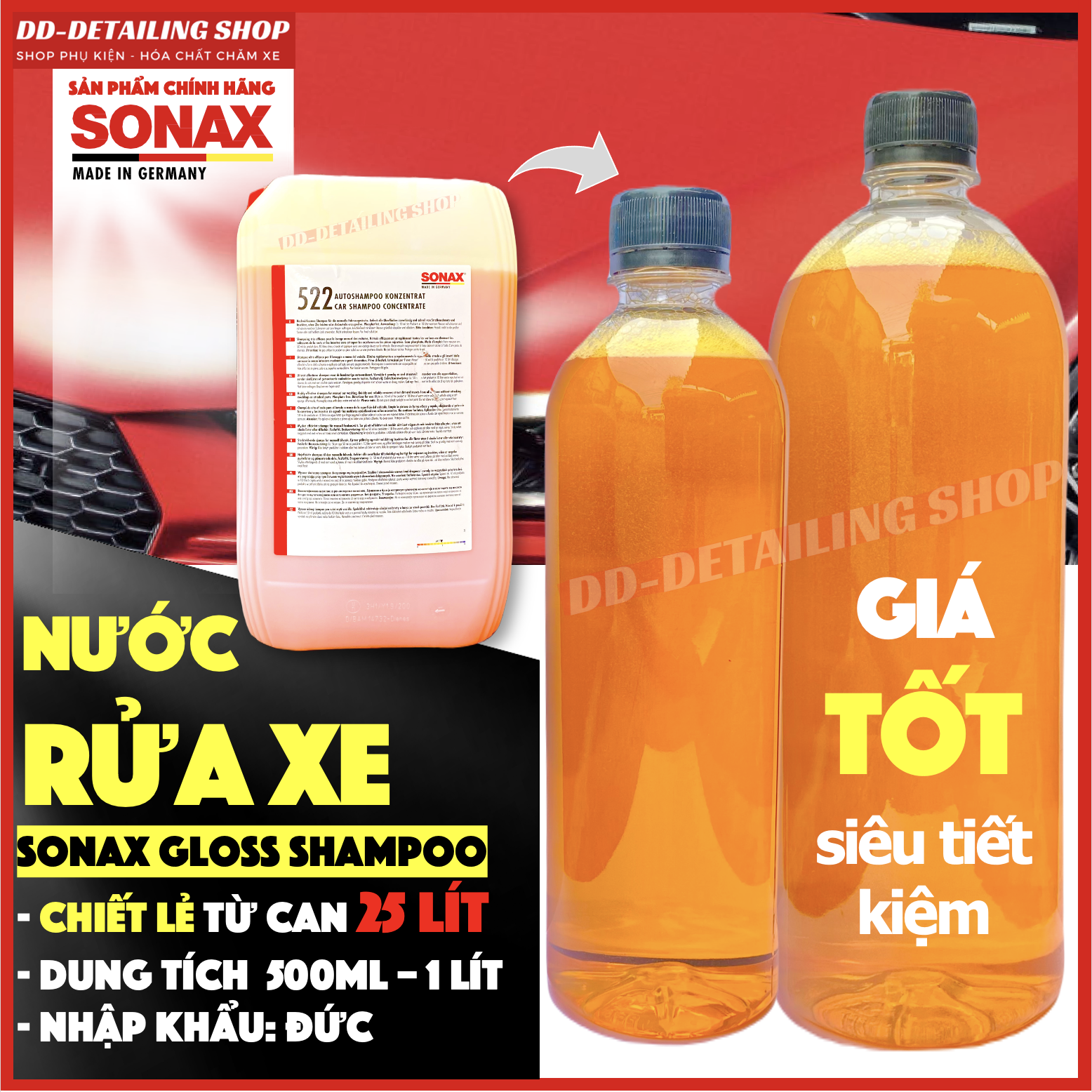 Nước rửa xe Sonax Gloss Shampoo chiết lẻ 0.5L - 1 Lít từ can 25 Lít hoặc CAN 5 LÍT - Nhập khẩu Đức - 522705 314300 314500