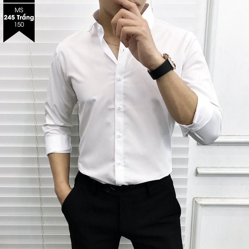 Áo sơ mi nam trơn dài tay màu trắng không nhăn dáng ôm Hàn Quốc, sơ mi nam vải lụa cao cấp form body