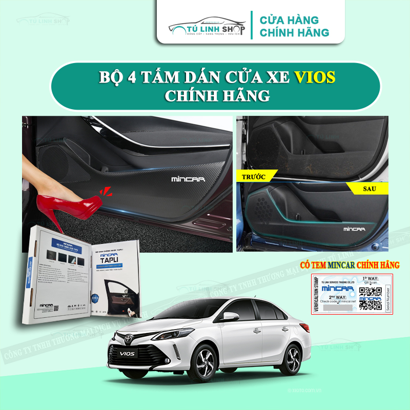 Bộ 4 Tấm dán Tapli xe VIOS chính hãng MINCAR, chống xước tapi cửa ô tô bằng Carbon Air Fiber cao cấp