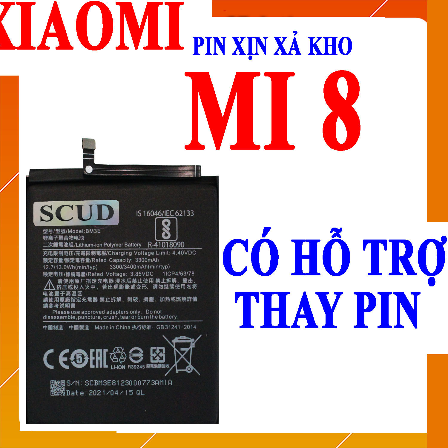 Pin scud cho xiaomi mi 8 mã bm3e dung lượng 3400mah