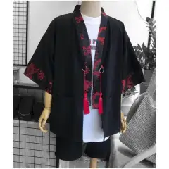[HCM][ HÀNG CÓ SẴN ] Áo Haori Kimono nam nữ phong cách Nhật Bản phối gấm rồng đỏ - Có 2 túi kèm chuông như hình - Lay Unisex