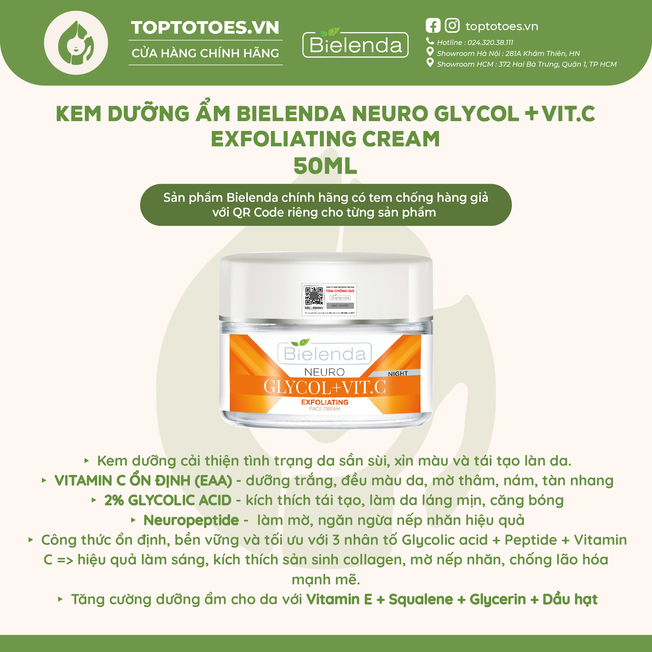 Kem dưỡng ẩm Bielenda Neuro Glycol + Vit.C Exfoliating Night Cream làm sáng và trẻ hóa da