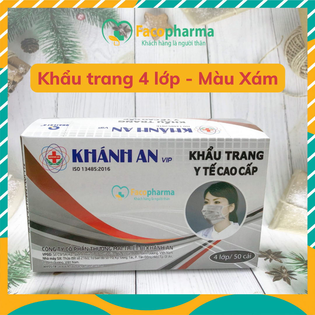 Khẩu Trang Khánh An 4 lớp kháng khuẩn kép màu xám ngăn bụi hiệu quả Hộp 50 cái