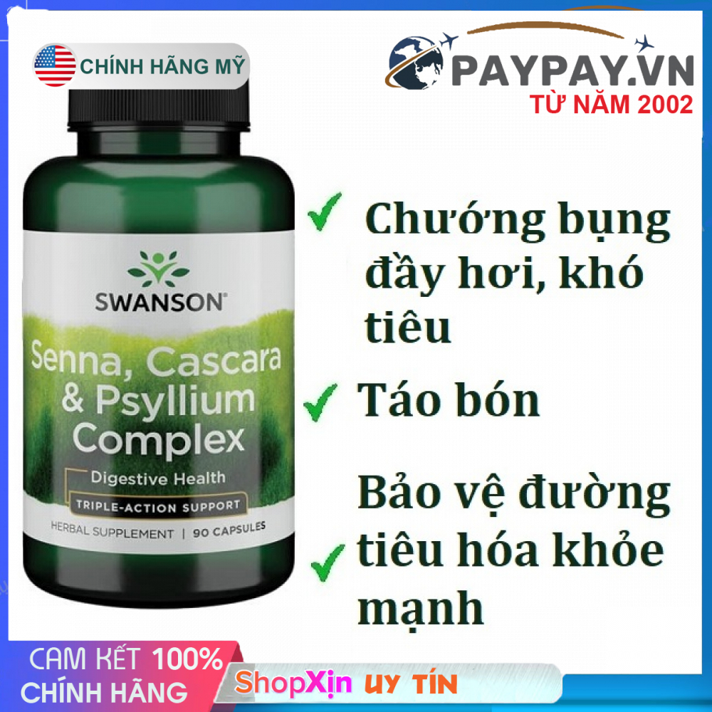 Viên uống hỗ trợ đường ruột chướng bụng táo bón Swanson Premium Senna, Cascara & Psyllium Complex 90 Viên của Mỹ