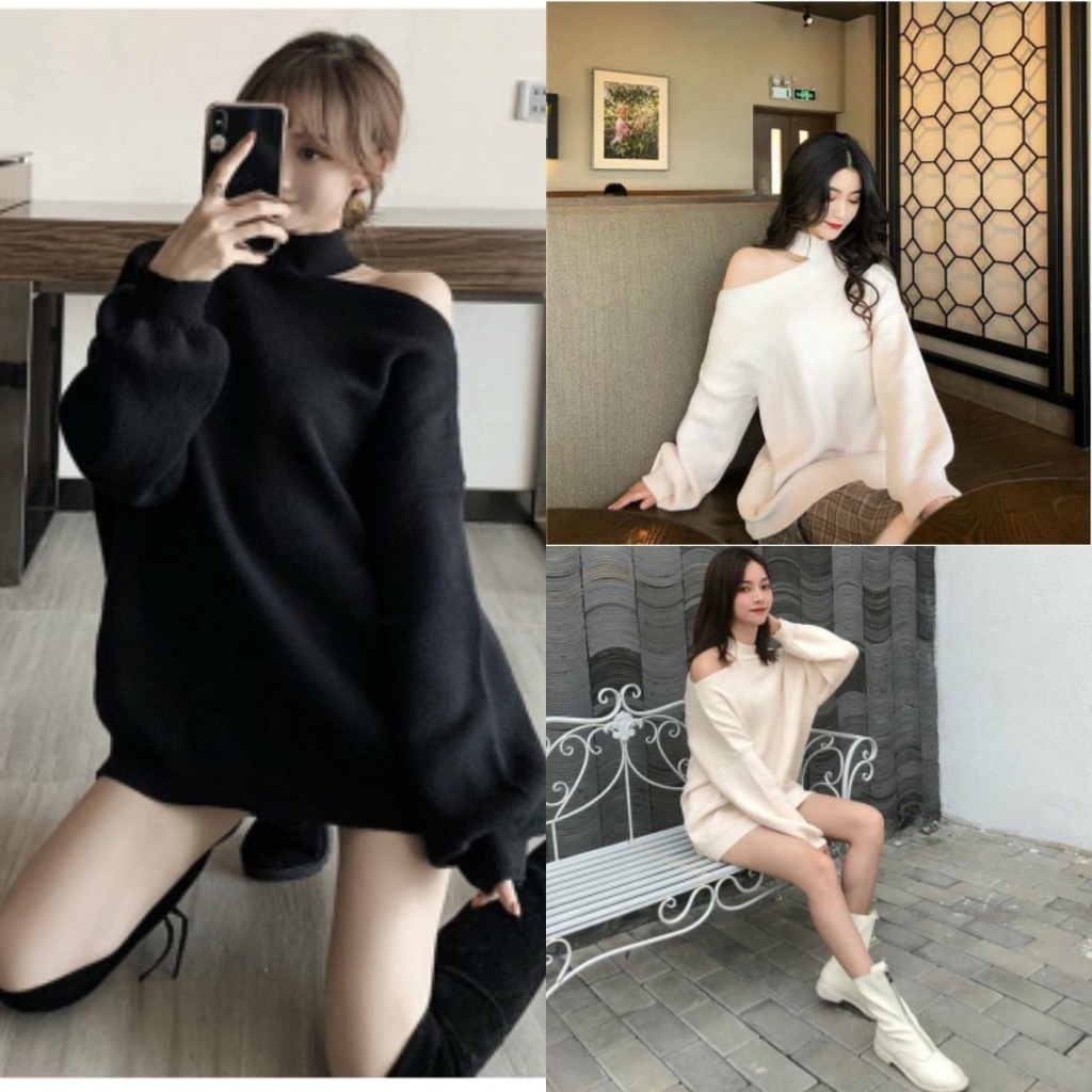 Áo Nỉ Nữ Khoét Vai Dài Tay 2 Màu dưới 62kg - Dáng Trùm Mông Cá Tính G0114