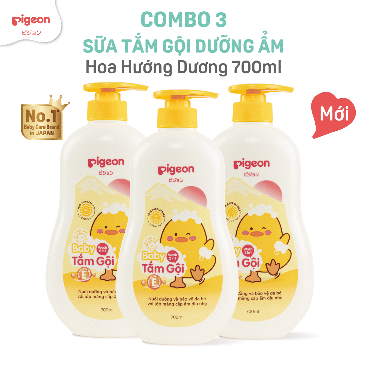 Combo 3 Sữa Tắm Gội Dưỡng Ẩm Cho Bé Sơ Sinh Pigeon 700ml Dịu Nhẹ Mềm Mại An Toàn Cho Da Chính Hãng - Hương Jojoba / Hoa Hướng Dương