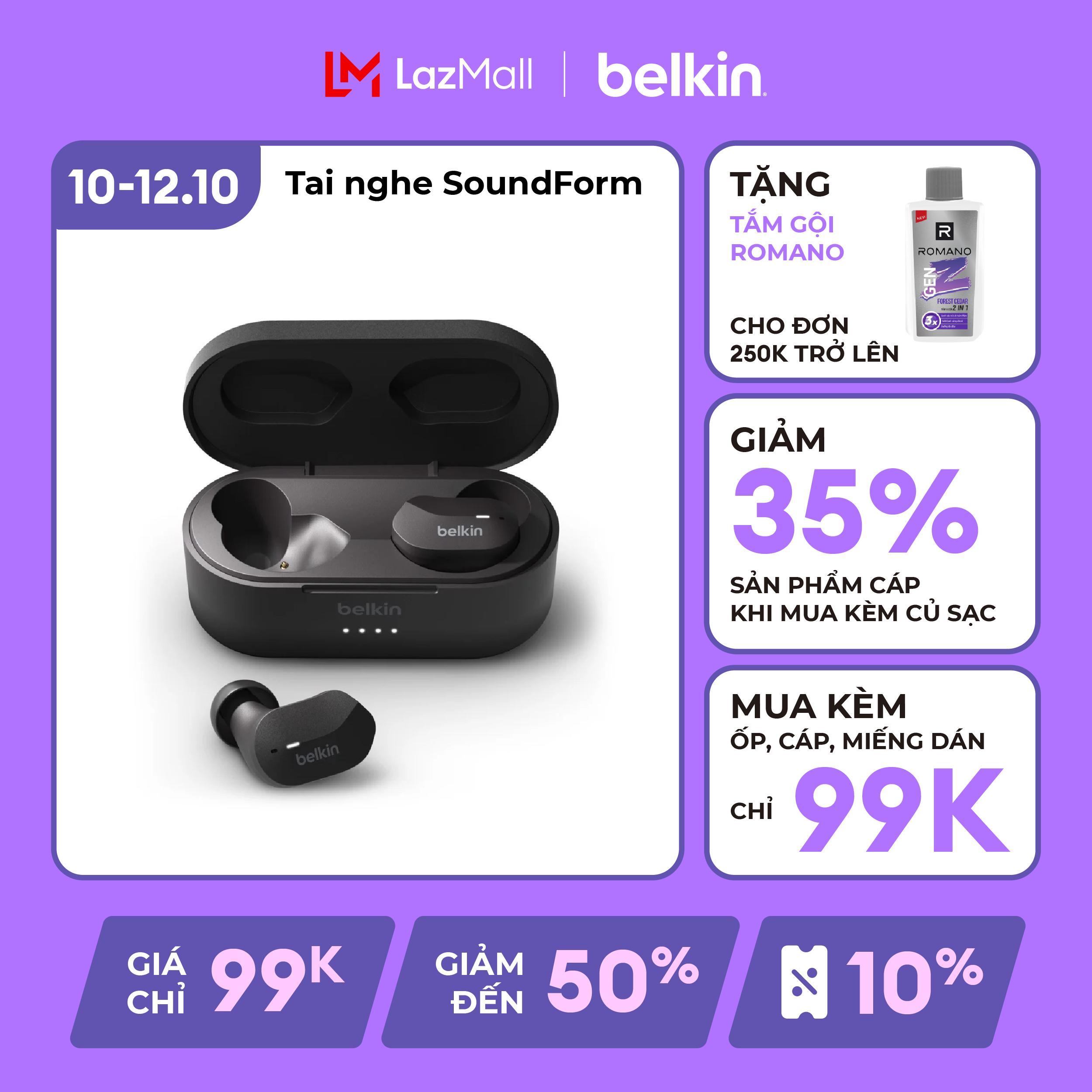 Tai nghe True Wireless SOUNDFORMTM Belkin - AUC001btWH - Hàng Chính Hãng