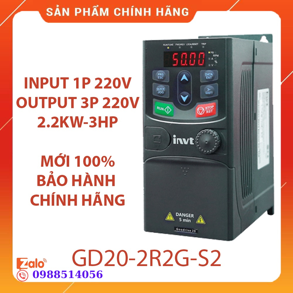 Biến tần invt vào 1 pha 220v pha ra 3 pha 220v 3hp 2.2kw - gd20-2r2g-s2, biến tần bơm nước một pha