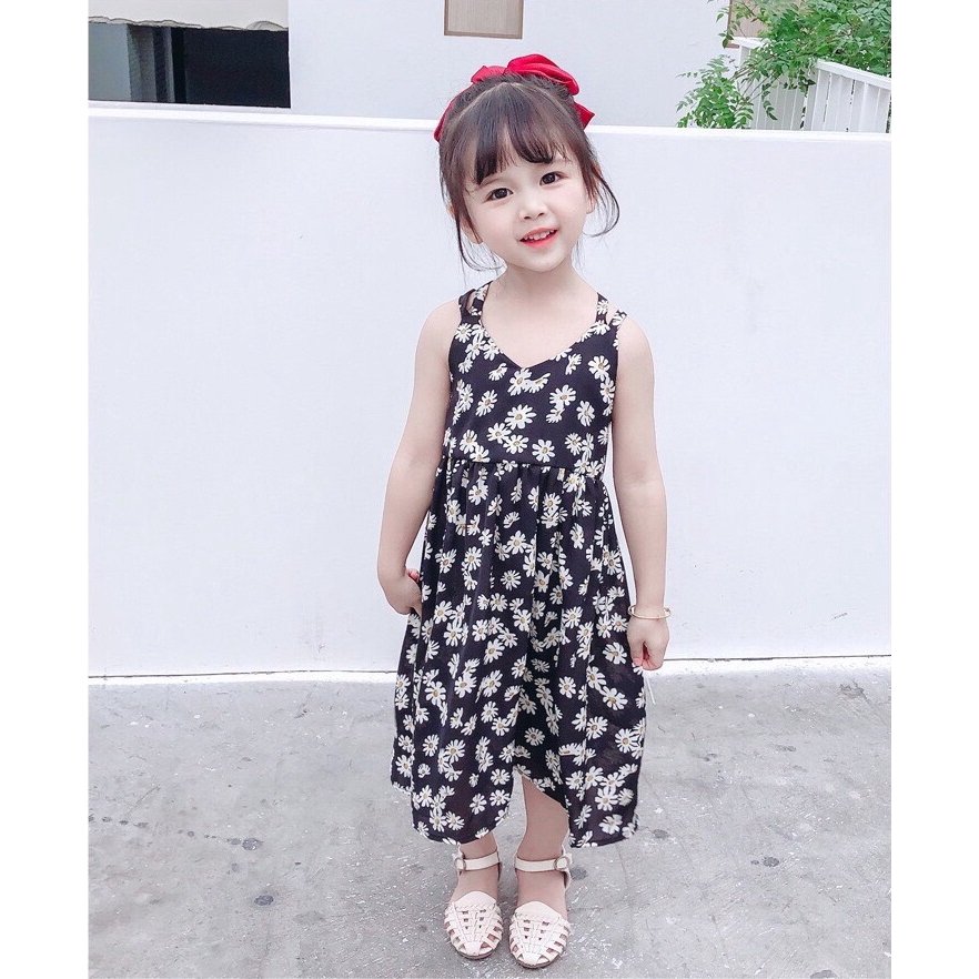 Váy maxi vải lụa hoa cúc lưng đan dây chéo cực đẹp cho bé unchi store