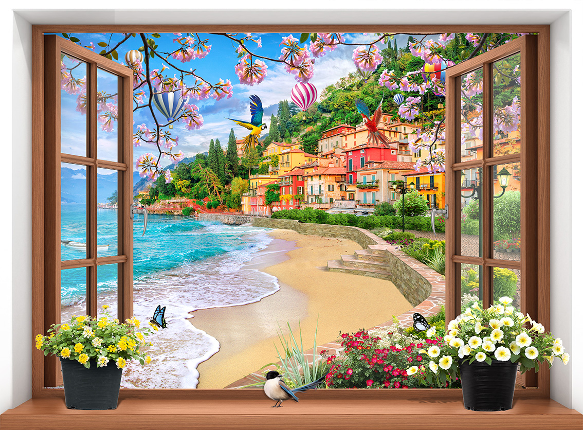   HCM Tranh dán tường cửa sổ Cảnh biển khung màu gỗ trang trí phòng khách VTC VT0434GO 