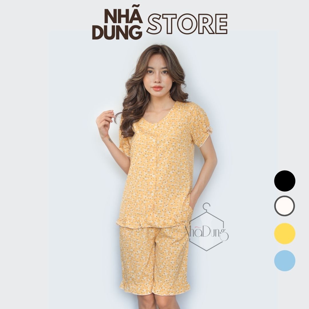Độ bộ nữ lửng mặc nhà vải lụa in họa tiết hoa nhí cổ tròn cách điệu nút dễ thương từ 40-65kg