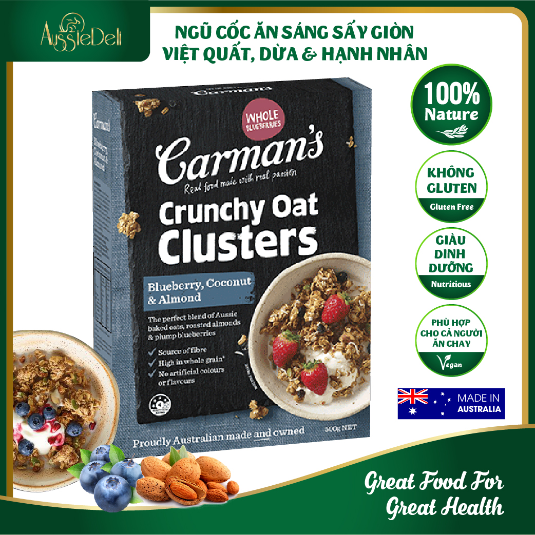 Ngũ Cốc Ăn Kiêng Carman's Sấy Giòn Việt Quất Dừa & Hạnh Nhân - Crunchy Clusters Blueberry Coconut & Almond - Hộp 500g ( Date t4/24, Áp Mã Còn 100k )